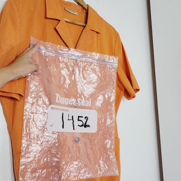 Vice Versa Vintage Blouse Smock Short Sleeve Orange Linen Blend Collared Pockets - Picture 10 of 10